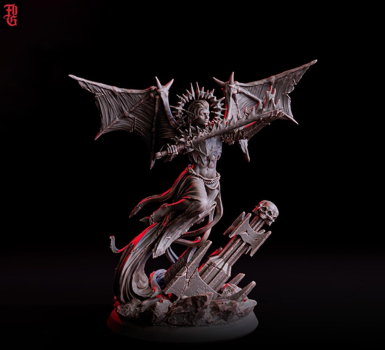May include: A detailed, gray figurine of a winged figure holding a sword, with a halo and flowing robes. The figure stands atop a rocky base with a skull and broken structures. The wings are spread wide, and the overall design has a fantasy theme.
