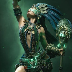 Puede incluir: Una detallada obra de arte digital de una figura adornada con elaborada vestimenta ceremonial verde y dorada. La figura lleva un tocado de plumas, una máscara y sostiene un báculo con un diseño de calavera. La estética general recuerda a las antiguas culturas mesoamericanas.