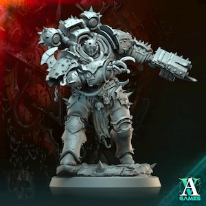 May include: A gray, detailed miniature of a heavily armored, futuristic warrior figure with a large weapon. The figure is standing on a circular base with a spiked edge.
