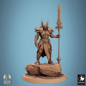 May include: A detailed miniature figurine of a warrior in ornate armor, holding a spear. The figure is standing on a rocky base and is painted in a brown color.