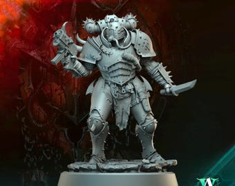 May include: A gray plastic miniature figure of a heavily armored warrior with a large gun and a sword. The figure is standing on a round base.