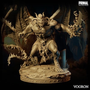 May include: A detailed, grey, sculpted figurine of a demon with wings, horns, and a sword. The demon is standing on a rocky base with a skull and chain design.