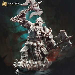 Dwarf Fighter Barbarian Dual Axes | Unpainted Miniature | 28mm, 32mm,54mm,75mm, 100mm Scales | Dungeons & Dragons 5e Pathfinder | DM Stash