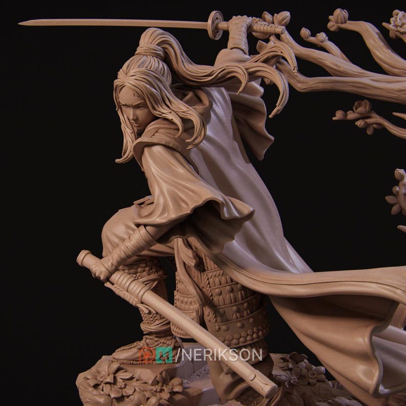 May include: A detailed sculpture of a warrior in action, wielding a sword. The figure is clad in flowing robes and armor, with long hair. The sculpture is a neutral beige color, with a dark background. The artist's name, /NERIKSON, is visible on the base.