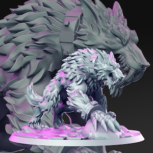 May include: A gray, detailed, 3D printed miniature of a wolf with sharp teeth and claws. The wolf is standing on a circular base with a textured surface.