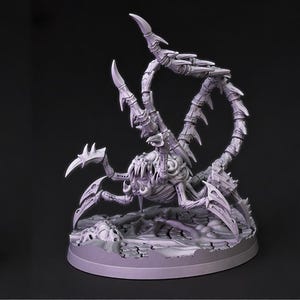 May include: A detailed, light gray scorpion figurine with multiple articulated limbs and a menacing appearance. The sculpture features sharp claws, a segmented body, and a detailed base, perfect for tabletop gaming or display.