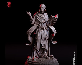 May include: A detailed miniature figurine of a dark-skinned, bald, male figure wearing a long, flowing robe with a book in his left hand. The figure is standing on a circular base with skulls around the edge. The base is made of a dark, textured material. The figurine is painted in a dark brown color. The text "Void Envoy" and "Medium - 25 mm base" is printed below the base.