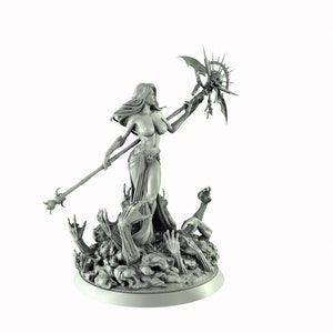 May include: A gray, detailed miniature figurine of a woman with long hair, holding a staff with a skull and wings at the top. She stands on a base with multiple skeletal hands reaching up.