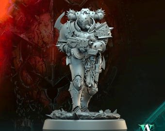 May include: A gray plastic miniature figure of a space marine wearing a heavily armored suit with a large gun. The figure is standing on a round base with a textured surface.