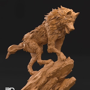 May include: A detailed 3D printed sculpture of a wolf standing on a rock. The wolf is depicted with a snarling expression and a thick coat of fur.