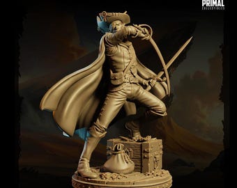 May include: A detailed figurine of a swashbuckler in a dynamic pose, wielding two swords. The figure is dressed in a period costume with a hat, cape, and boots. A treasure chest and a bag of coins are at the base. The Primal Collectibles logo is in the top right corner.