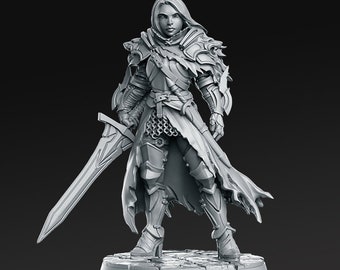 Female Paladin Fighter Platemail | 28mm,32mm,75mm Scale Dungeons and Dragons 5e Miniature Unpainted Figurine D&D Tabletop RPG Fantasy Gaming