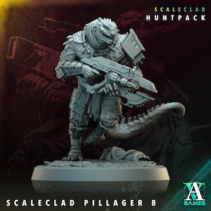 May include: A gray Scaleclad Pillage 8 miniature figure from the Huntpack series. The figure is a reptilian humanoid holding a futuristic weapon. The base is a light gray color, and the figure has detailed armor and a long tail. The text "SCALECLAD HUNTPACK" is visible.
