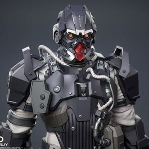 May include: A futuristic robot wearing a black and gray suit with a helmet that has red and orange lights. The robot has a black and gray helmet with a red visor.