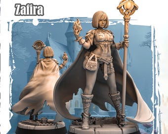 May include: A female figurine with short brown hair, wearing a leather and chainmail outfit, holding a staff with a golden orb on top. She is standing on a circular base with a stone texture. The figurine is painted in a light brown color. The background is a blue and white painted wall with a castle in the distance. The text "Zafira" is written in black at the top of the image.