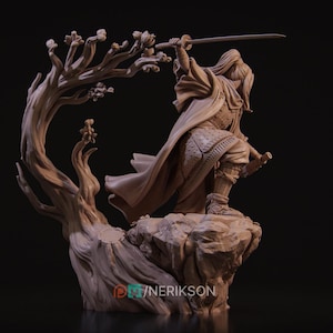 May include: A detailed sculpture of a warrior in action, holding a sword aloft. The figure is posed on a rocky outcrop, with a stylized tree in the background. The sculpture is a neutral tan color, with intricate details in the clothing and armor.