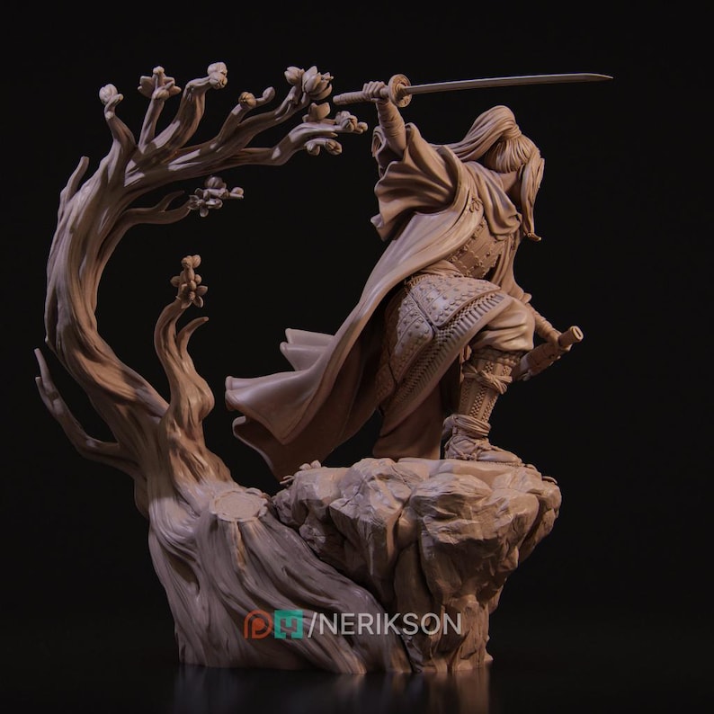 May include: A detailed sculpture of a warrior in action, holding a sword aloft. The figure is posed on a rocky outcrop, with a stylized tree in the background. The sculpture is a neutral tan color, with intricate details in the clothing and armor.