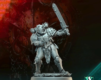 May include: A gray plastic miniature figure of a heavily armored warrior wielding a chainsaw sword. The figure is standing on a round base and is posed in a fighting stance.