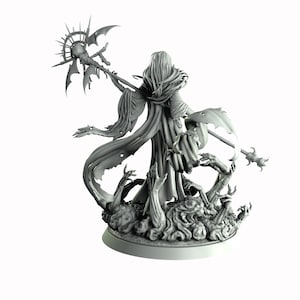 May include: A gray, detailed miniature figurine of a female figure with long hair and a flowing robe. She holds a staff with a circular orb at the top. The figure is surrounded by skeletal hands reaching up from a base of swirling smoke.