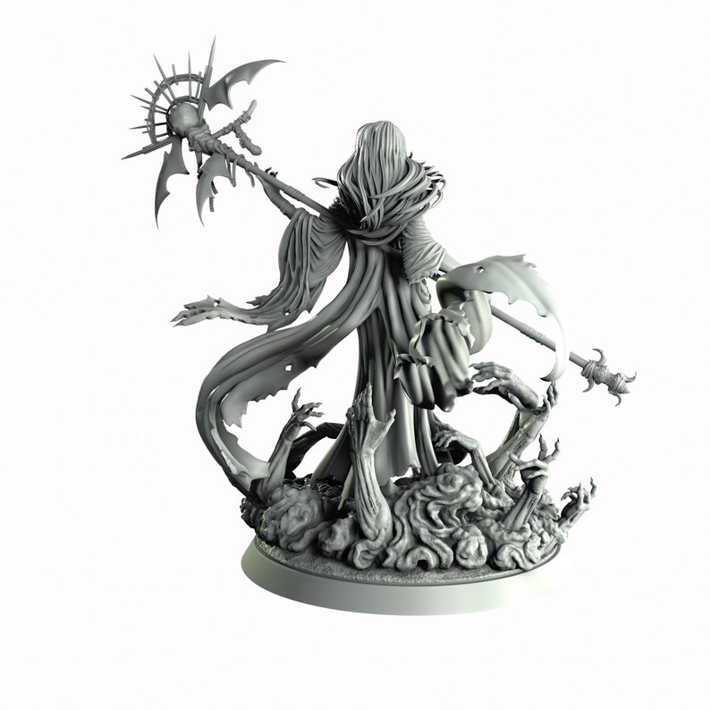 May include: A gray, detailed miniature figurine of a female figure with long hair and a flowing robe. She holds a staff with a circular orb at the top. The figure is surrounded by skeletal hands reaching up from a base of swirling smoke.
