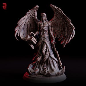 May include: A detailed sculpture of an angel with large feathered wings, holding a book and a staff. The figure is draped in flowing robes and stands on a circular base. The color palette is primarily shades of grey and brown, with a dark background.