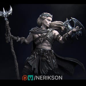 May include: A sculpted figure of a male elf wearing a crown and holding a staff and a small dragon. The elf is wearing a dark, detailed costume with a cape. The figure is made of a light gray material.