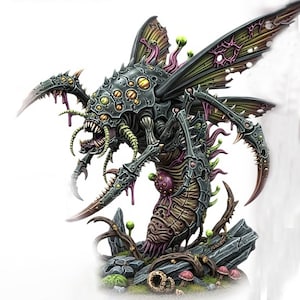 May include: A detailed illustration of a grotesque insectoid creature with multiple limbs, sharp claws, and a segmented body. The creature has a dark gray exoskeleton with yellow and green accents, and large, veined wings. It is posed on a rocky base with mushrooms.