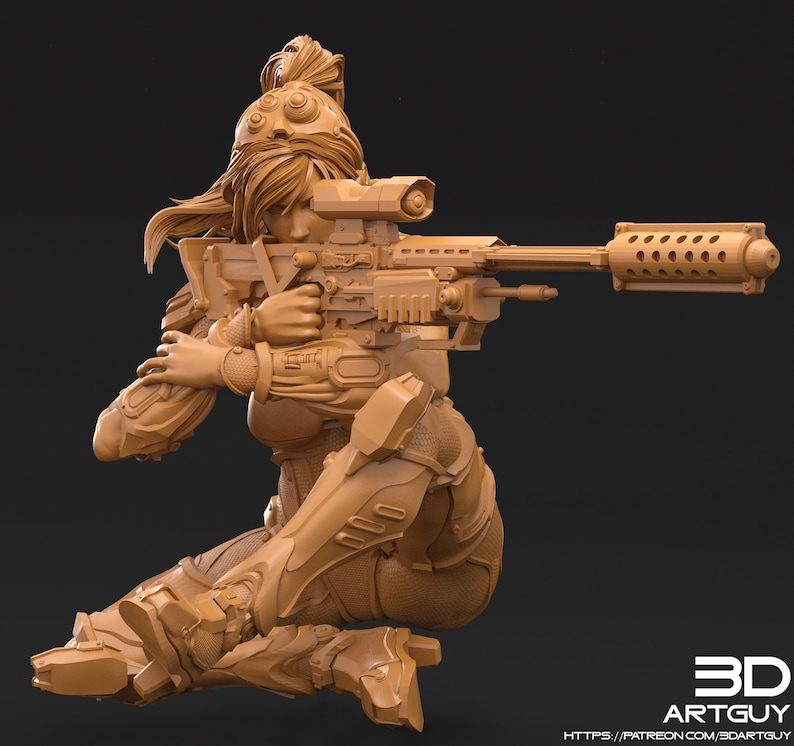 Peut inclure: Une figurine imprim&eacute;e en 3D d'un personnage f&eacute;minin en tenue de combat futuriste, tenant un gros fusil avec une lunette. Le personnage est accroupi et semble viser avec le fusil.
