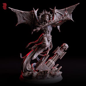 May include: A detailed gray figurine of a winged figure holding a sword, with a halo and flowing robes. The figure is posed atop a broken structure with a skull, set against a black background with red lighting.
