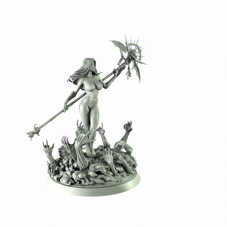 May include: A gray, detailed miniature figurine of a woman standing on a base of skeletal hands. She is holding a large, ornate weapon with a skull at the top.