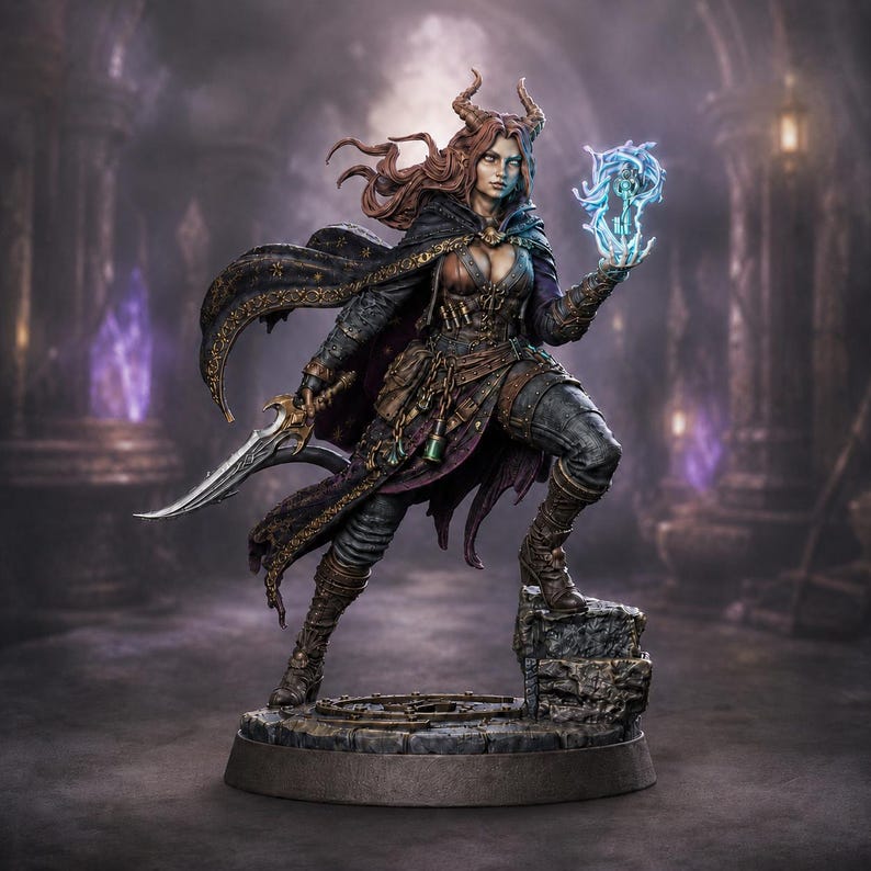 May include: A detailed fantasy figurine of a horned character with long reddish hair, wearing a dark cloak and leather armor. The figure holds a curved blade in one hand and a glowing blue magical energy orb in the other, standing on a stone base.