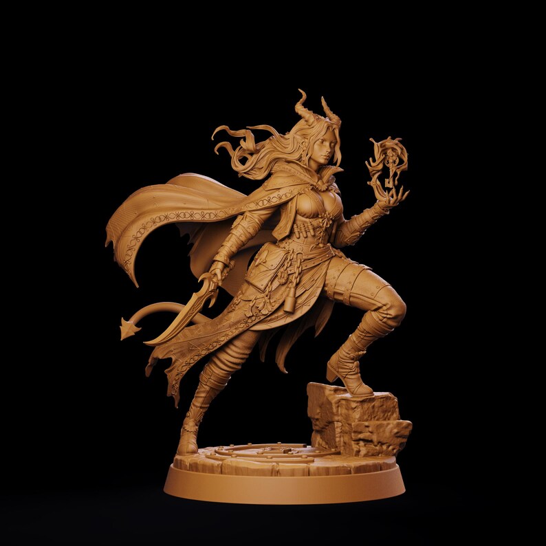 May include: A monochromatic tan miniature figurine of a horned character with long flowing hair, wearing a cloak and armor. The figure holds a curved blade in one hand and a magical orb in the other, standing on a stone base with a tail visible.