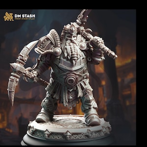 Dwarf Fighter General Dual PickAxes | Unpainted Miniature 28mm, 32mm,54mm,75mm, 100mm Scales | Dungeons & Dragons 5e Pathfinder | DM Stash
