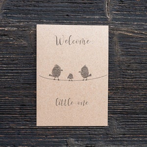 May include: A brown card with the text "Welcome, little one" and a drawing of three birds on a branch.