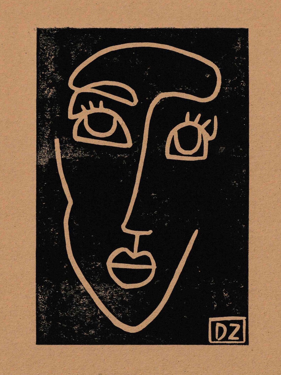 Linocut Face Print A5 Black/brown Etsy