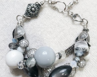 Fun Grey, White, Crystal, Chunky, Sterling Silver Bracelet