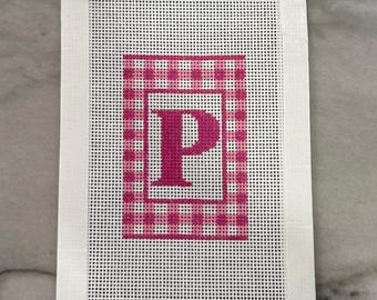 Needlepoint Luggage Tag 18 mesh Canvas Gingham Customizable Initial Hand-painted, 2x3 finishing size, Self-finishing