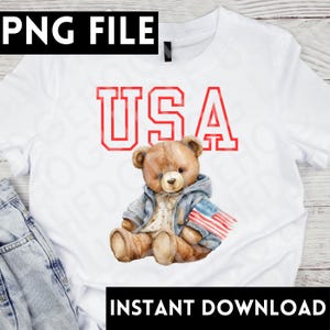 アメリカ国旗付きテディベア PNG、ビンテージ ベア、かわいい、即時ダウンロード、トレンディ、デジタル ファイル、愛国的、独立記念日、シャツ、パーカー、クルー