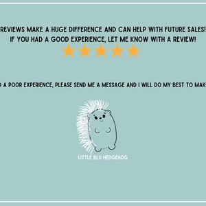 Puede incluir: Un fondo azul con texto blanco que dice "REVIEWS MAKE A HUGE DIFFERENCE AND CAN HELP WITH FUTURE SALES! IF YOU HAD A GOOD EXPERIENCE, LET ME KNOW WITH A REVIEW!" Cinco estrellas amarillas est&aacute;n debajo del texto. Debajo de las estrellas, el texto dice "IF YOU HAD A POOR EXPERIENCE, PLEASE SEND ME A MESSAGE AND I WILL DO MY BEST TO MAKE IT RIGHT!" Un erizo de dibujos animados con un cuerpo azul y espinas blancas est&aacute; debajo del texto. El texto "LITTLE BLU HEDGEHOG" est&aacute; debajo del erizo.
