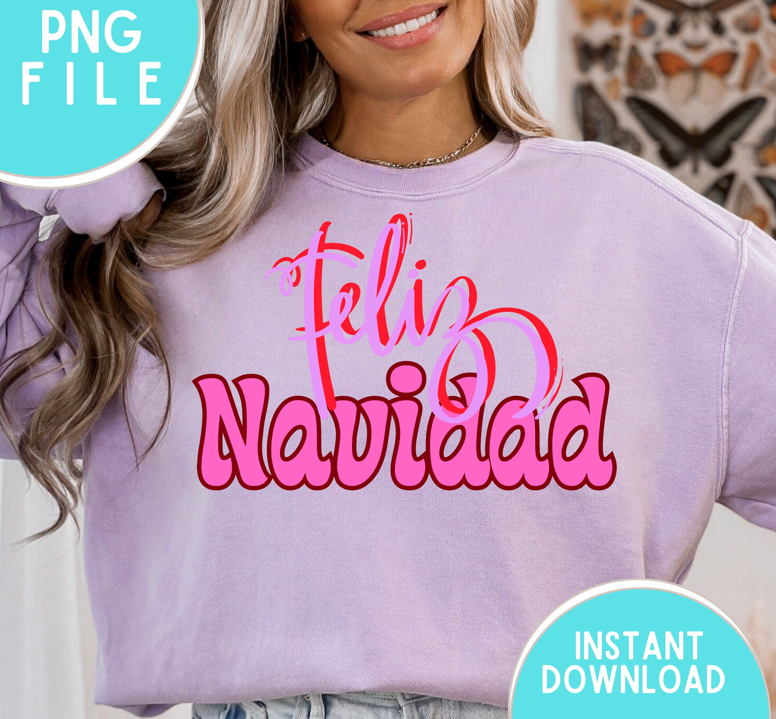 Feliz Navidad PNG File: Pink & Purple Christmas Design (Digital Download)