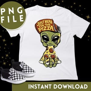 Einfach hier für die Pizza Alien PNG, Raumschiff, Outerspace, UFOs, Shirts, Hoodies, Rundhals-Sweatshirts, Instant Downloads, Tassen, Taschen, Geschenke
