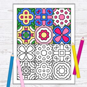 May include: A rectangular colouring page featuring a grid of twelve square patterns, with the top six squares filled in with blue, yellow, pink, and green colours, while the bottom six squares remain in black and white outlines, accompanied by four coloured pencils.