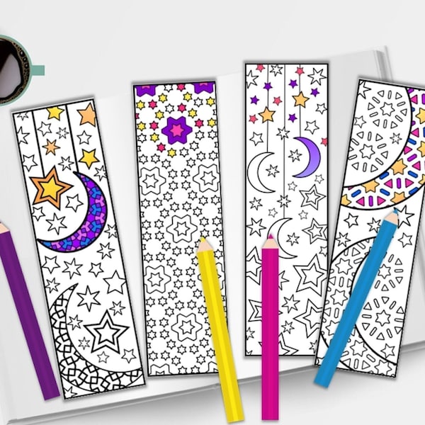 Coloring Bookmarks - Moon and Stars Coloring Page - Coloring Sheets for Adults - Bookmarks to Color - Print and Color - PDF Digital Download