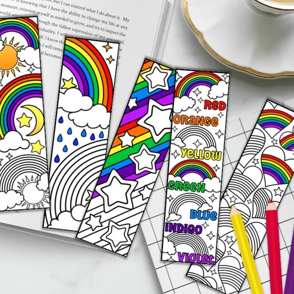 Rainbow Coloring Bookmarks - Cute Rainbow Designs with Hearts - Digital Bookmarks to Color - Rainbow Coloring Page - PDF Printable Download