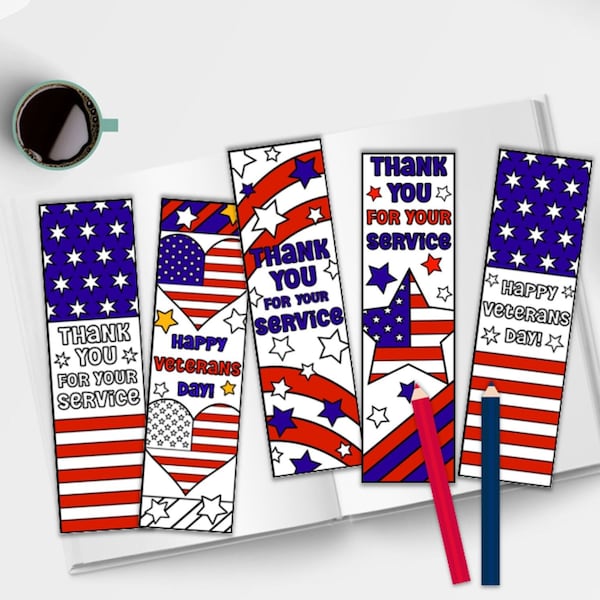 Thank You for Your Service  & Happy Veterans Day Kids Coloring Bookmarks - Perfect Gift for Veterans from Kids