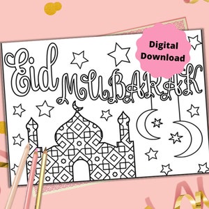 Cartão para colorir Eid Mubarak - Página para colorir islâmica para Eid com design de mesquita - Cartão DIY Eid - Download instantâneo de PDF