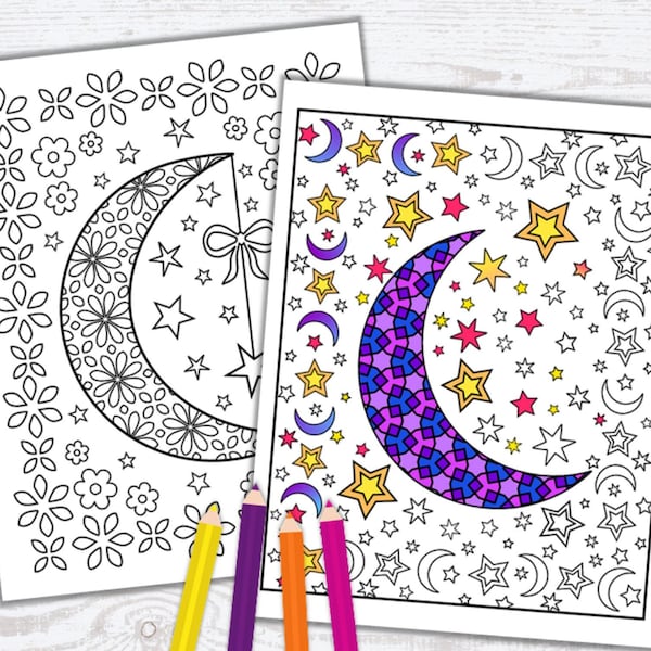 Star and Moon Coloring Pages - Etsy