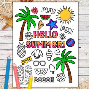 Hello Summer Printable Page - Summer Vacation Coloring - Kids Coloring Pages - Coloring Sheets for Kids & Adults - PDF Digital Download