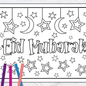 Può includere: Una pagina da colorare in bianco e nero con la frase "Eid Mubarak" e stelle e lune crescenti.