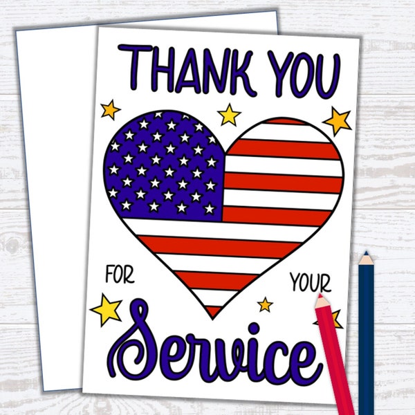 Veterans Day Thank You Card - Veterans Day Craft - Thank You For Your Service Veteran Card - Kids Coloring Cards - PDF Instant Download